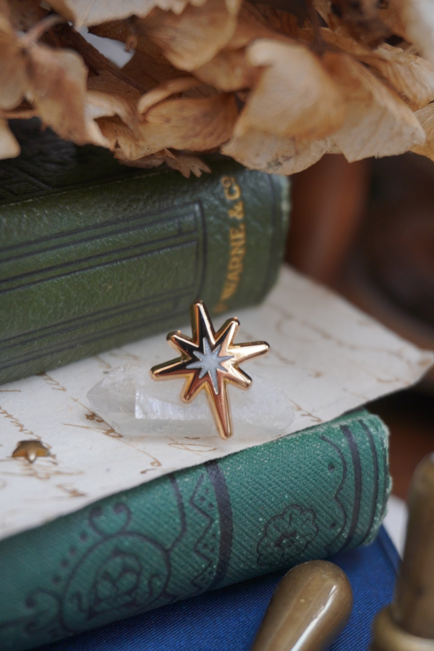 A gold star enamel pin with a pearl swirl star shaped centre, resting on a crystal on a stack of vintage green books with vintage paper and dried flowers in the background.