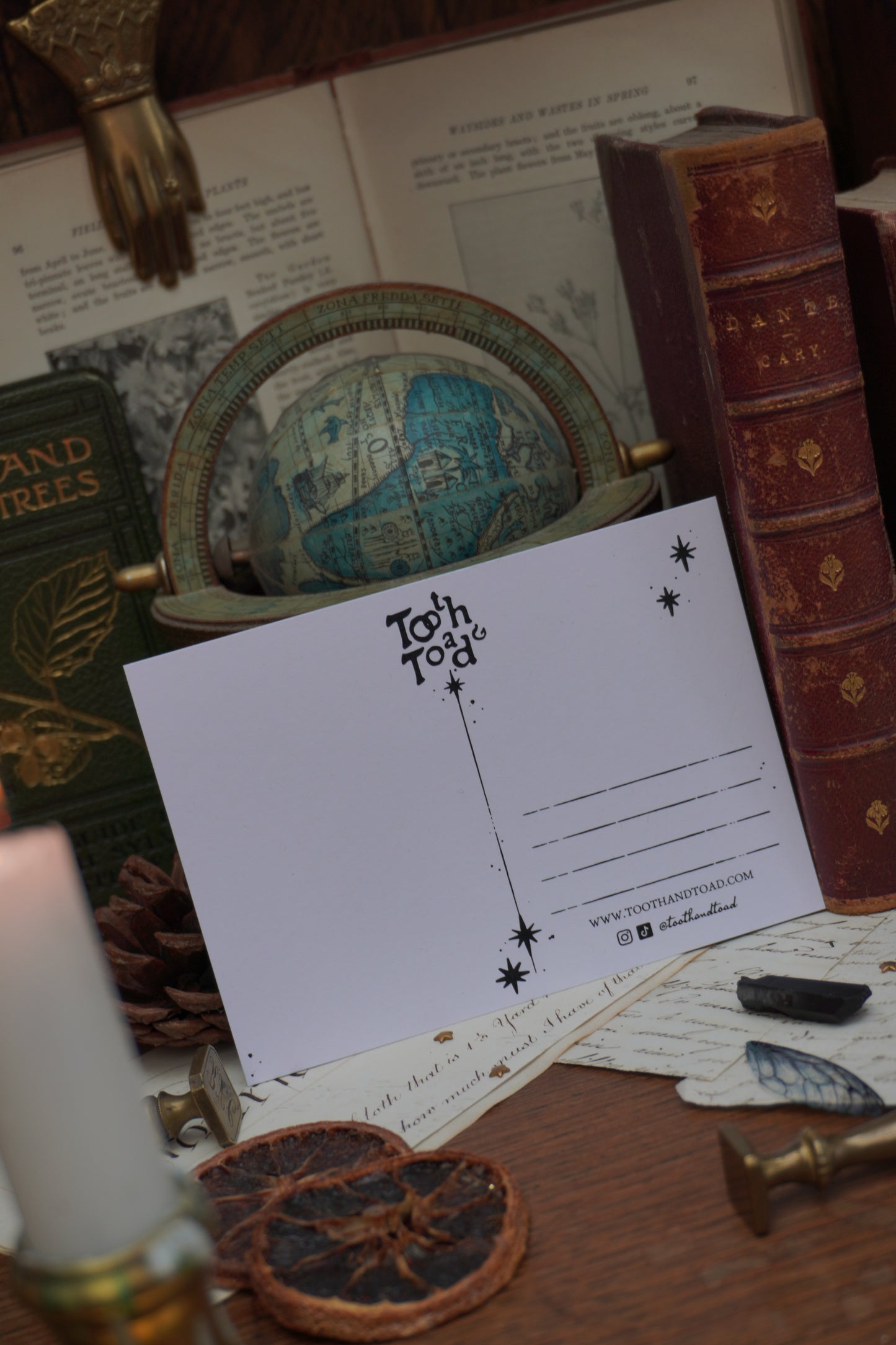 A white postcard with black text, Tooth and Toad logo and stars against a background of vintage decorative elements, old books and a globe