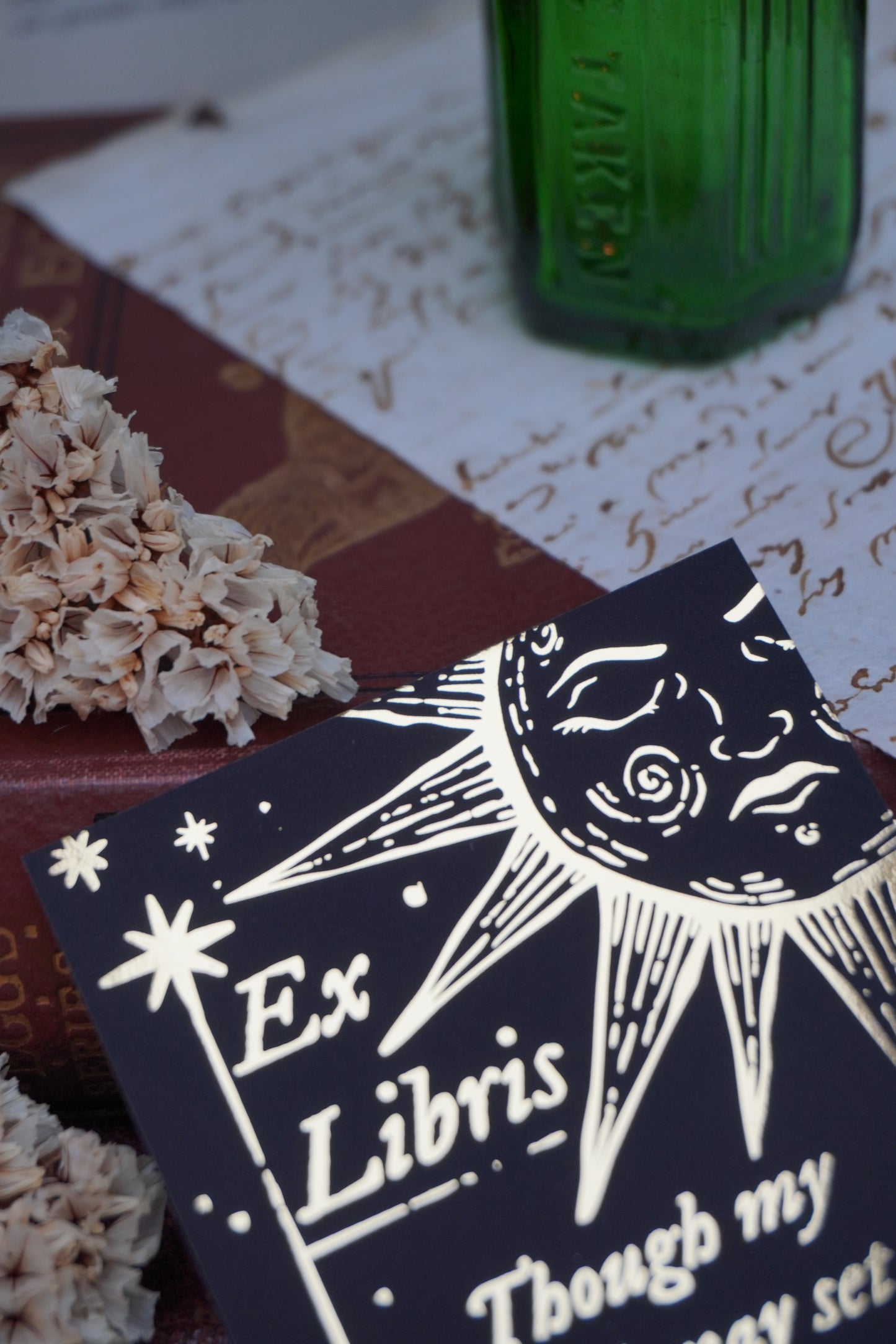 Black bookmark with gold bookplate, ex libris design resting on a vintage book with vintage paper and dried flowers
