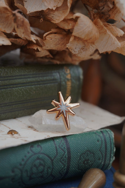 A gold star enamel pin with a pearl swirl star shaped centre, resting on a crystal on a stack of vintage green books with dried flowers in the background.