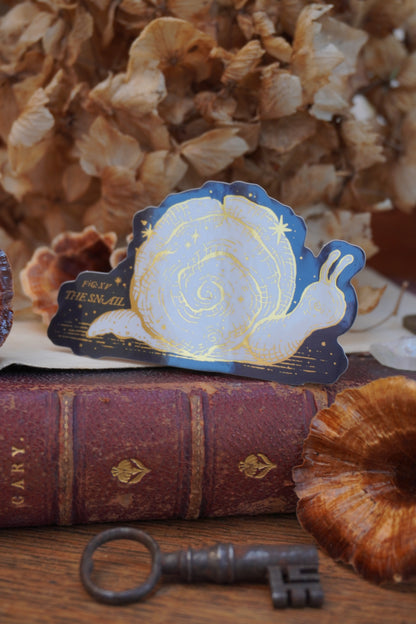 Close up of a vintage-style snail illustration sticker in black, white and gold with the text 'FIG: XV THE SNAIL' lies on top of an old red leather-bound book, surrounded by dried flowers, dried mushrooms, and a key in a vintage style setting