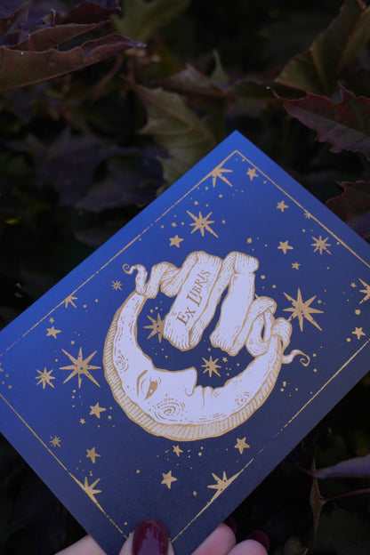 Close up of a hand holding a blue toned postcard featuring gold-toned celestial illustration of a crescent moon, stars, and a central banner reading 'Ex Libris'. Set against a background of leaves.