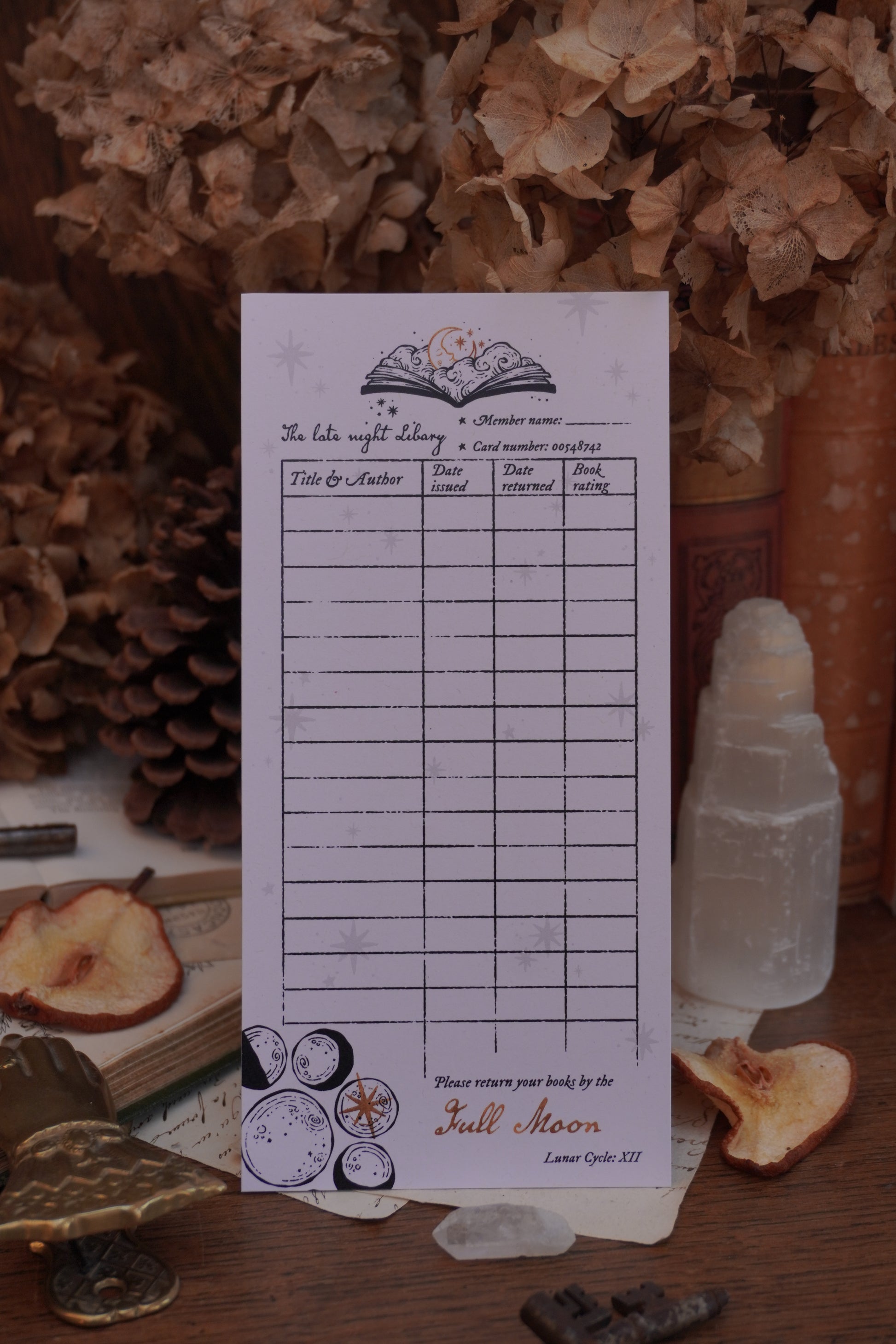 A white paper library card motif bookmark with celestial illustrations, styled on a wooden surface surrounded by dried flowers, crystals, and pinecones.