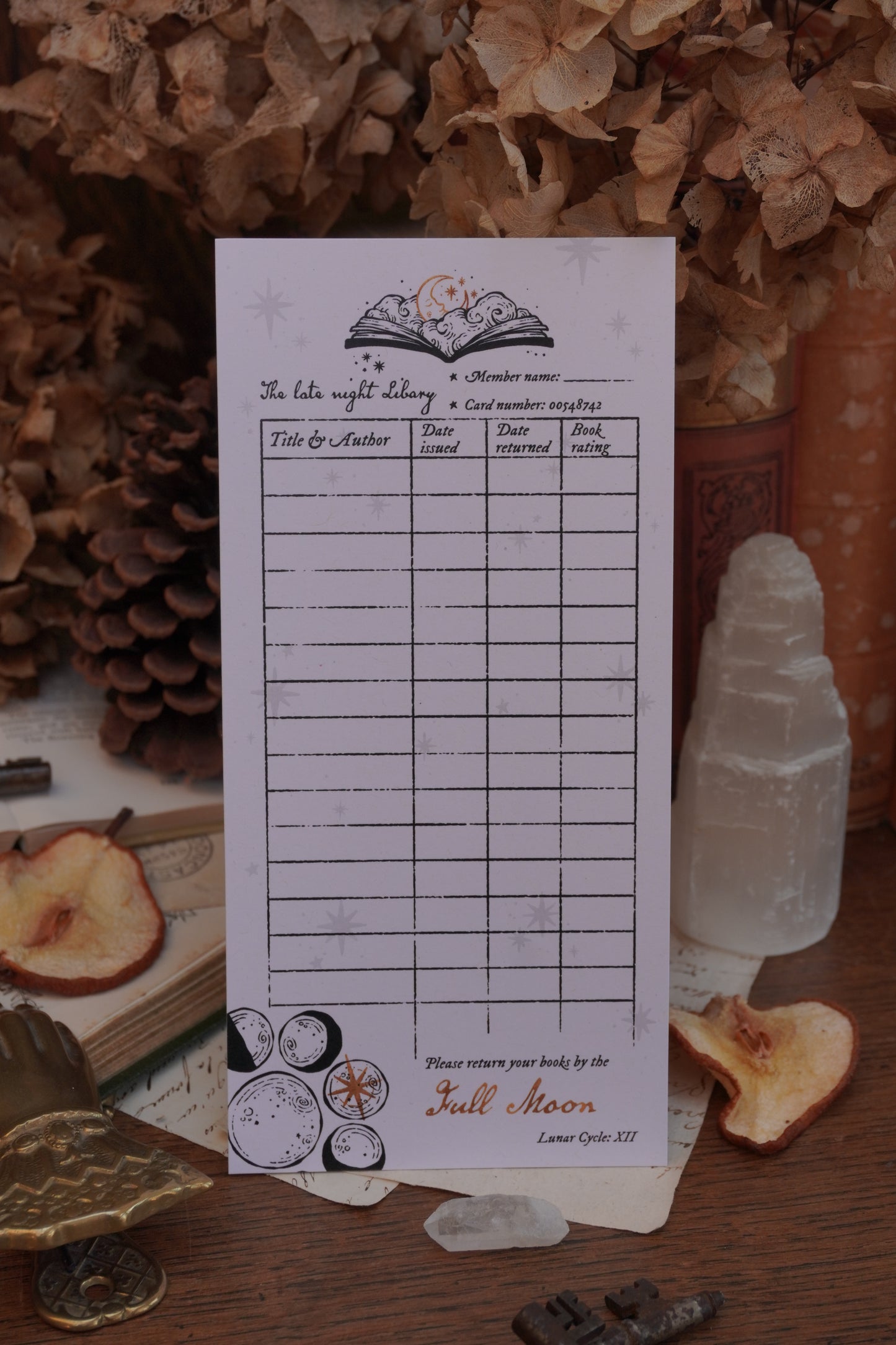 A white paper library card motif bookmark with celestial illustrations, styled on a wooden surface surrounded by dried flowers, crystals, and pinecones.