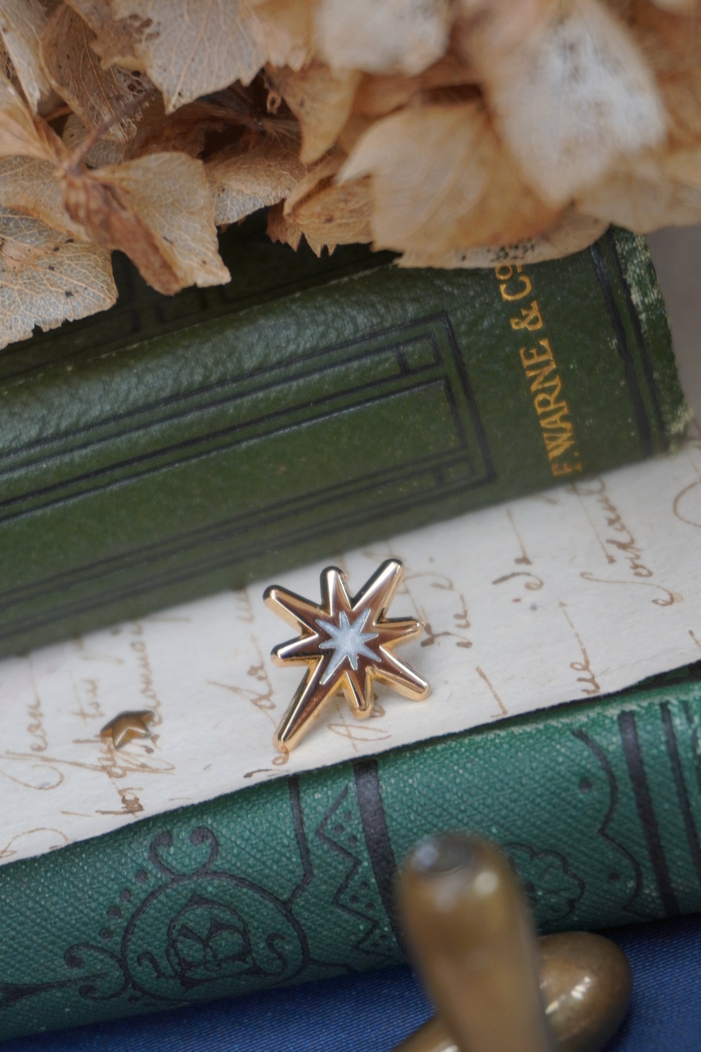 A gold star enamel pin with a pearl swirl star shaped centre, resting on a stack of vintage green books with vintage paper and dried flowers in the background.