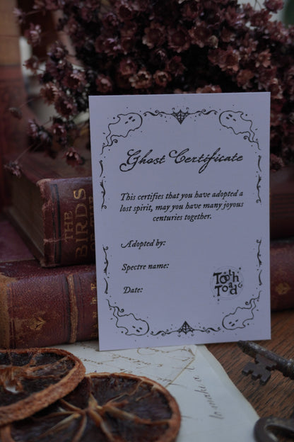 Ghost certificate drawing with a decorative border and text on wooden surface with vintage books, dried flowers and decorative items.
