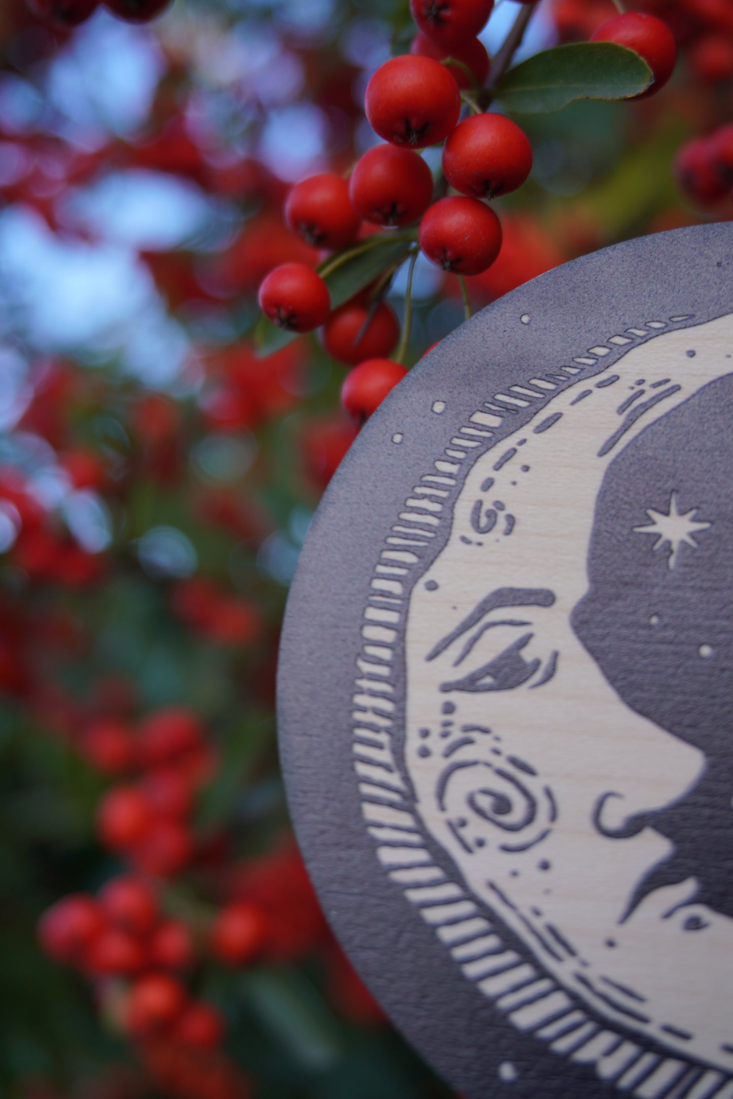 Circular wooden hanging ornament with a celestial moon and stars design with a red berry bush background