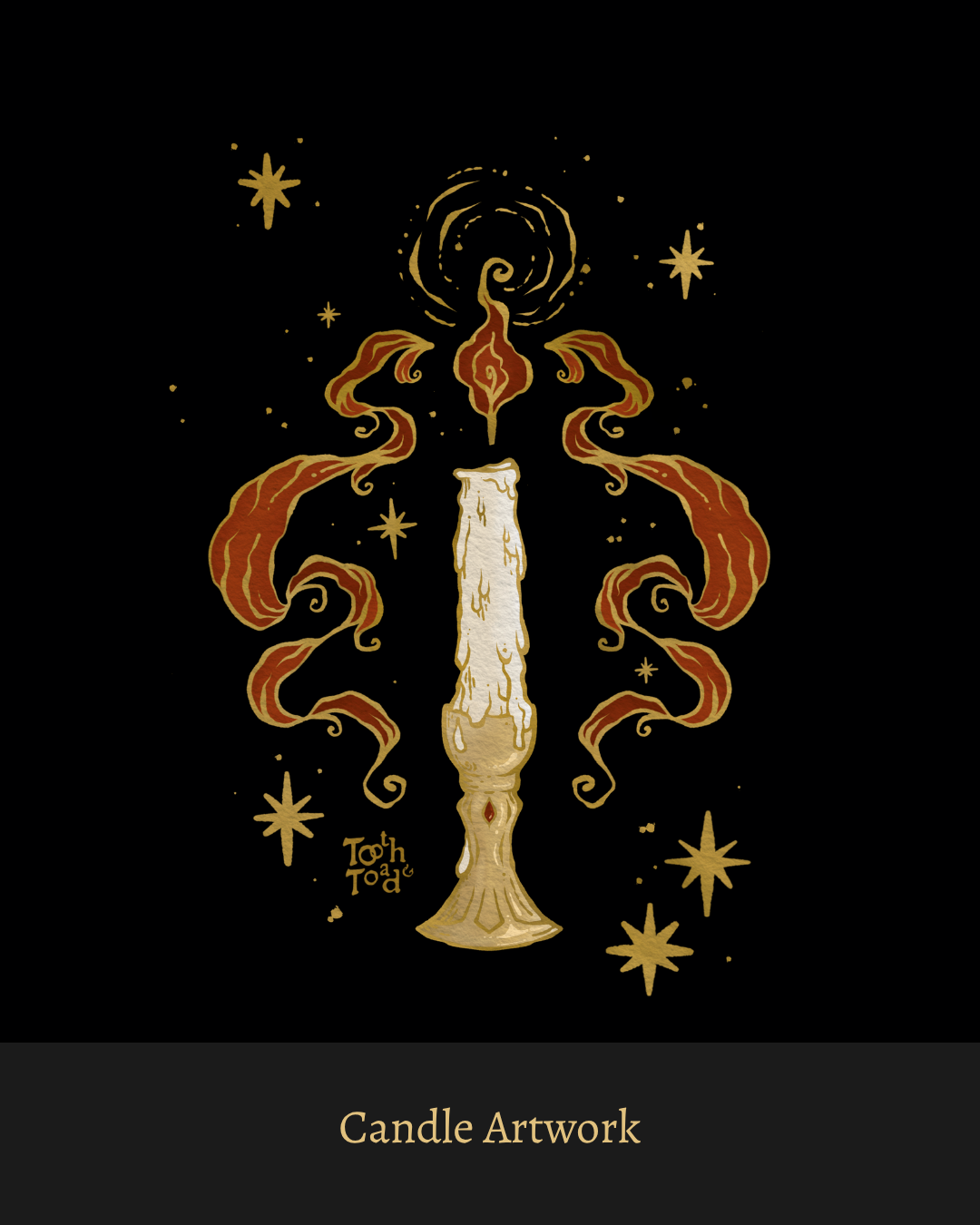 Illustration of a taper candle and brass holder with decorative flames and stars on a black background. Text underneath states: Candle Artwork.