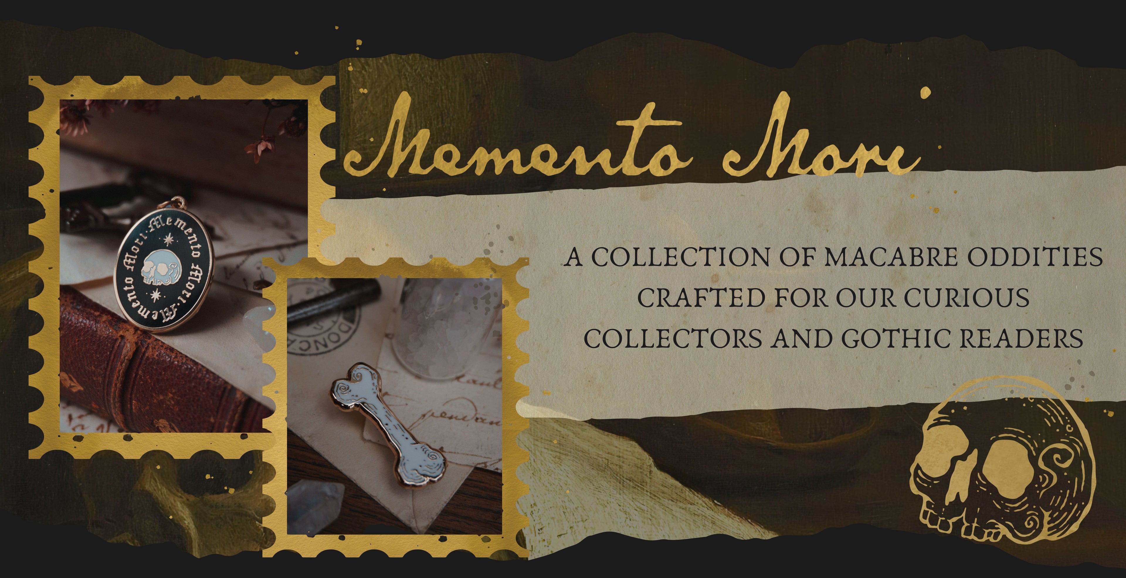 Promotional graphic banner for new curiosity/gothic themed items