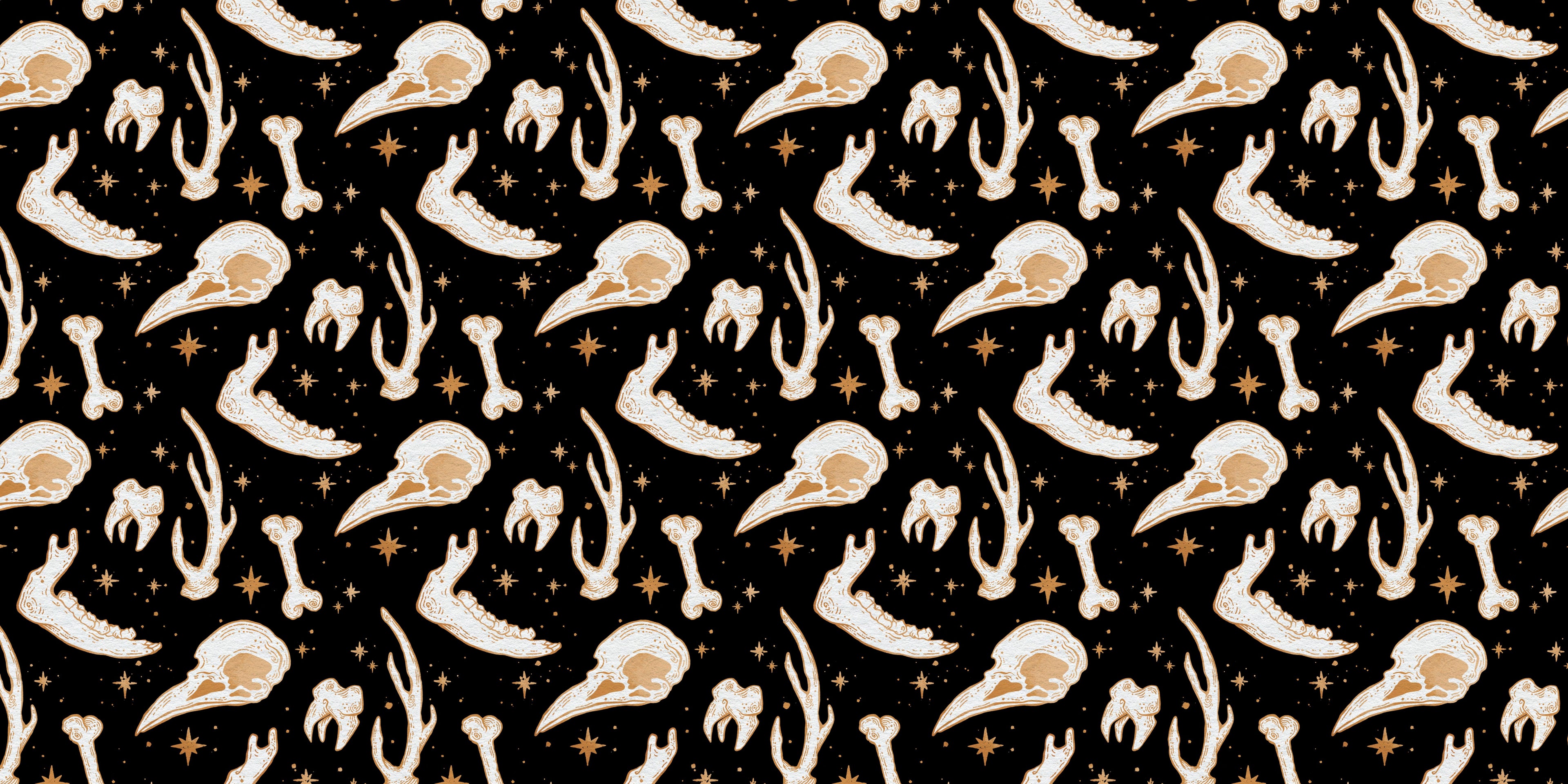 Pattern of gold lined skulls and bones with white colouring on a black background with stars.
