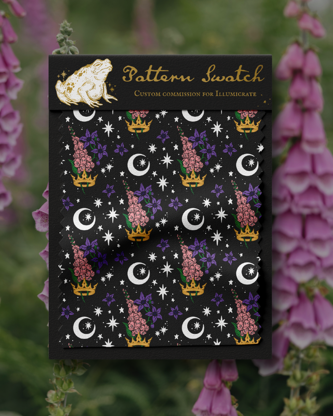 Pattern swatch with a floral, crown and celestial elements design on a black background, layered over a photograph of foxgloves with 'Pattern Swatch' text that also states: Custom Commission for Illumicrate.
