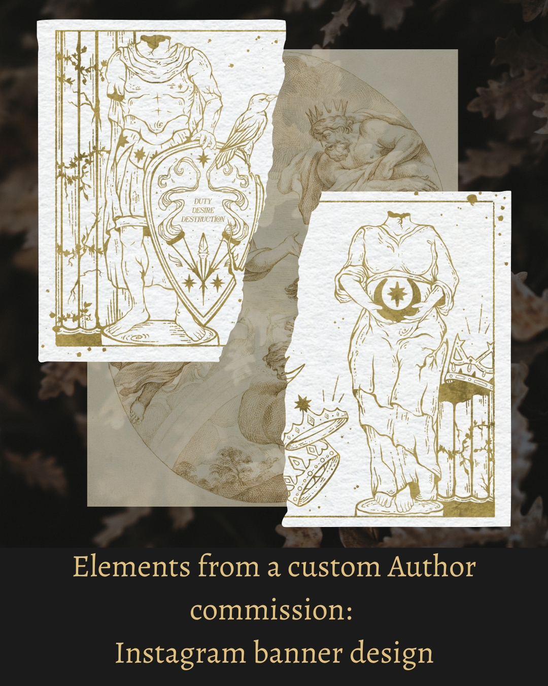 Two illustrated handdrawn designs on a textured background with text describing that they are elements from a custom author commission that was for an instagram banner design.